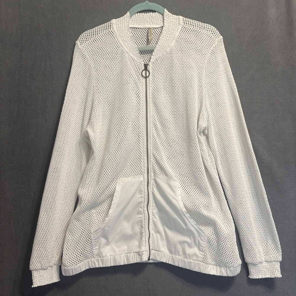 XCVI Mesh Bomber Full Zip Jacket Womens Large White Open Knit Beach Swim Coverup